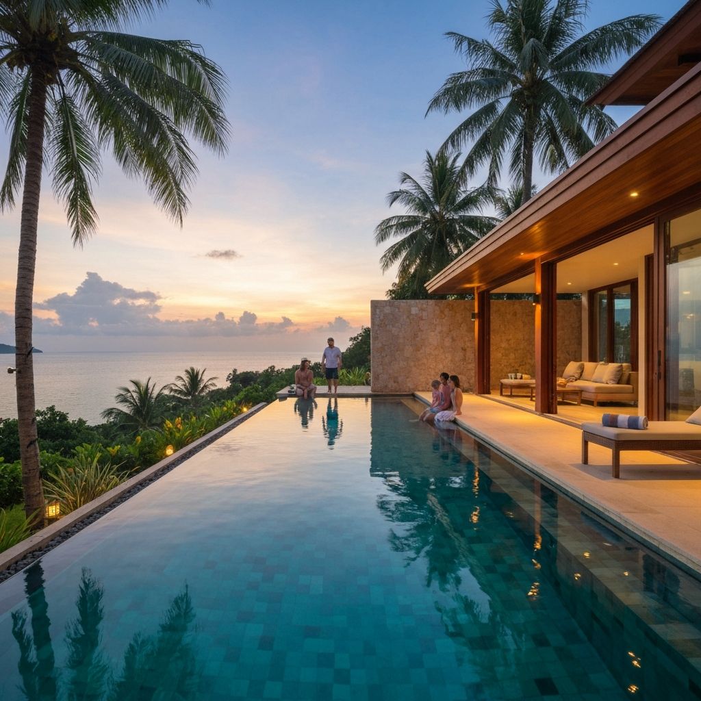 Family gathering by infinity pool at LEELA HEAVEN villa