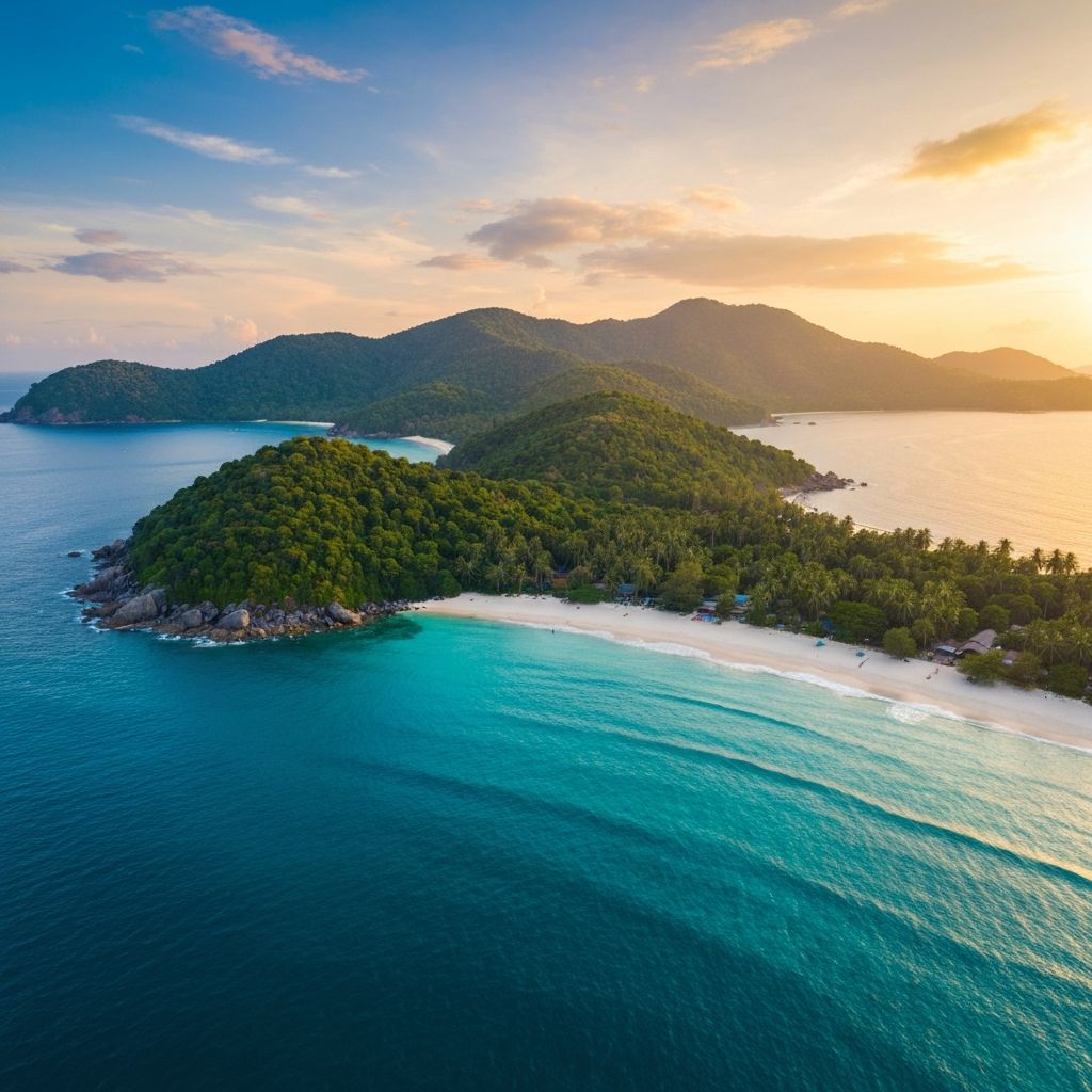 Aerial view of Koh Phangan island with turquoise waters and lush green hills