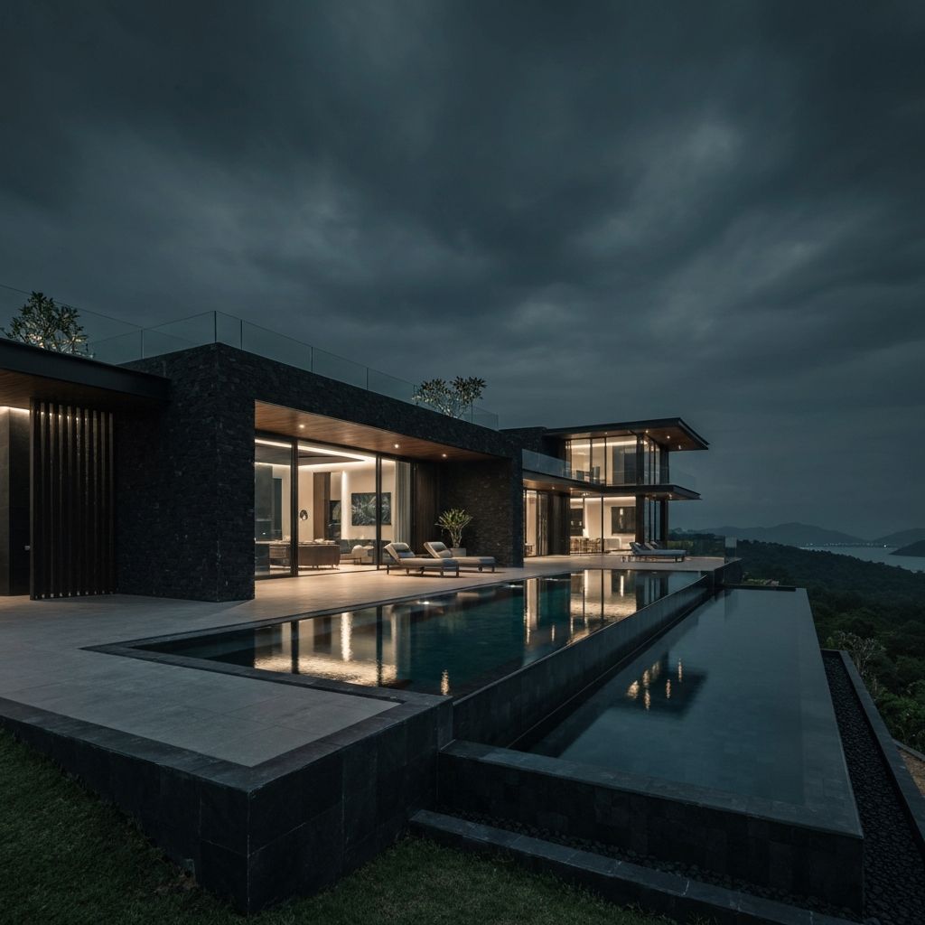 LEELA SKY ultra-luxury dark modern villa at twilight