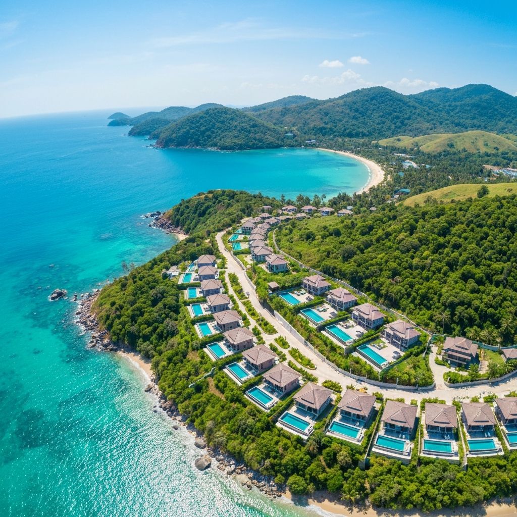 Aerial view of villa development on coastline